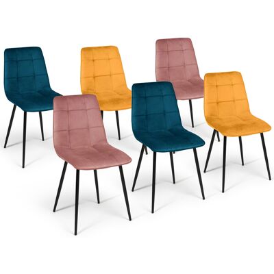IDMarket Lot de 6 chaises en velours mix color bleu x2, jaune ocre x2, rose x2 IDMarket Lot de 6 chaises en velours mix color bleu x2, jaune ocre x2, rose x2