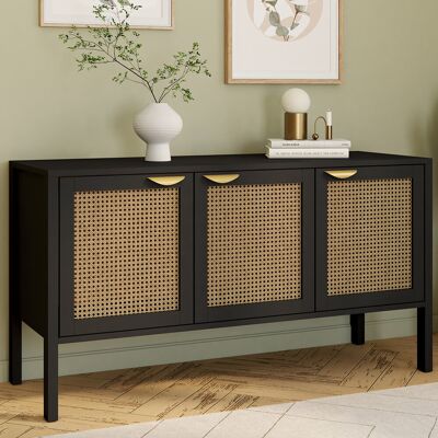 IDMarket 3-deurs laag dressoir, zwart hout en riet 110 cm IDMarket 3-deurs laag dressoir, zwart hout en riet 110 cm