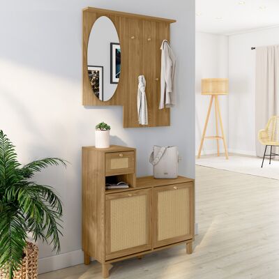 IDMarket Entree garderobe met spiegel, schoenenkast en opbergmeubels in riethout met natuurlijk effect IDMarket Entree garderobe met spiegel, schoenenkast en opbergmeubels in riethout met natuurlijk effect