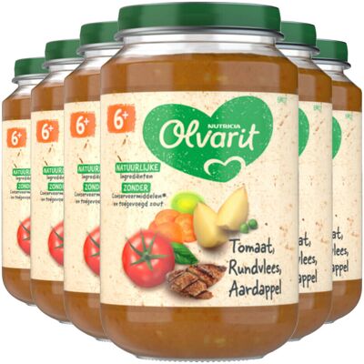 6x Olvarit Maaltijd 6m Tomaat Rundvlees Aardappel Wortel 200 gr 6x Olvarit Maaltijd 6m Tomaat Rundvlees Aardappel Wortel 200 gr