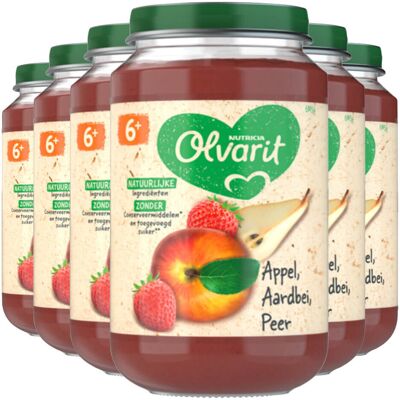 6x Olvarit Fruithapje 6m Appel Aardbei Peer 200 gr 6x Olvarit Fruithapje 6m Appel Aardbei Peer 200 gr