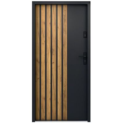 Vente-unique Porte d'entrée pleine en acier H207 x L100 cm - Anthracite avec rayures effet chêne - épaisseur 55 mm - poussant droit - COBRITA Vente-unique Porte d'entrée pleine en acier H207 x L100 cm - Anthracite avec rayures effet chêne - épaisseur 55 mm - poussant droit - COBRITA
