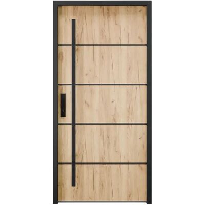 Vente-unique Porte d'entrée en acier pleine et inox H207 x L100 cm effet chêne - épaisseur 68 mm - poussant droit - LUSADA Vente-unique Porte d'entrée en acier pleine et inox H207 x L100 cm effet chêne - épaisseur 68 mm - poussant droit - LUSADA