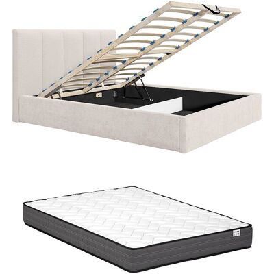 Vente-unique Lit coffre 180 x 200 cm avec tête de lit coutures verticales - Tissu - Beige - Avec matelas Confort - KILACLO Vente-unique Lit coffre 180 x 200 cm avec tête de lit coutures verticales - Tissu - Beige - Avec matelas Confort - KILACLO