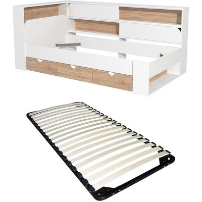 Vente-unique Lit 90 x 190 cm avec rangements - Coloris : Blanc et naturel + Sommier - TAMADU Vente-unique Lit 90 x 190 cm avec rangements - Coloris : Blanc et naturel + Sommier - TAMADU