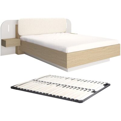 Vente-unique Lit avec chevets 160 x 200 cm - Avec LEDs - Coloris : Beige et naturel + Sommier - LYORIMA Vente-unique Lit avec chevets 160 x 200 cm - Avec LEDs - Coloris : Beige et naturel + Sommier - LYORIMA