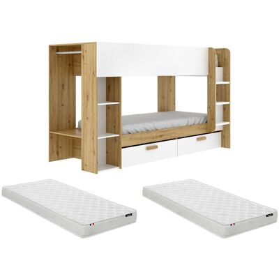 Vente-unique Lits superposés 2 x 90 x 200 cm avec rangements et penderie - Blanc et naturel + Matelas - OSANA Vente-unique Lits superposés 2 x 90 x 200 cm avec rangements et penderie - Blanc et naturel + Matelas - OSANA