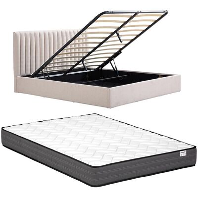Vente-unique Lit coffre 140 x 190 cm – Tissu – Beige + Matelas – SARANELI Vente-unique Lit coffre 140 x 190 cm – Tissu – Beige + Matelas – SARANELI