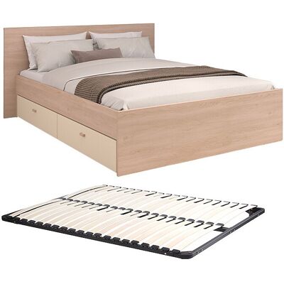 Vente-unique Lit avec 2 tiroirs 140 x 190 cm - coloris : Naturel et beige + Sommier - VELONA Vente-unique Lit avec 2 tiroirs 140 x 190 cm - coloris : Naturel et beige + Sommier - VELONA