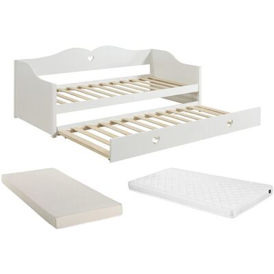 Vente-unique Lit banquette gigogne 2 x 90 x 190 cm - Pin et MDF - Blanc + Matelas - DASTIVA Vente-unique Lit banquette gigogne 2 x 90 x 190 cm - Pin et MDF - Blanc + Matelas - DASTIVA