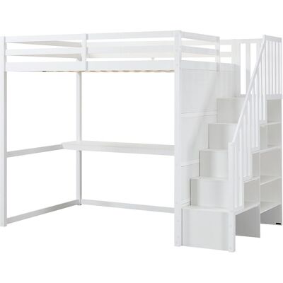 Vente-unique Lit mezzanine 140 x 190 cm - Pin et MDF - Blanc - Avec bureau - MENIZI Vente-unique Lit mezzanine 140 x 190 cm - Pin et MDF - Blanc - Avec bureau - MENIZI