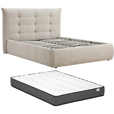 Vente-unique Lit coffre 140 x 190 cm avec tête de lit capitonnée – Tissu – Beige + Matelas - DORMELINA Vente-unique Lit coffre 140 x 190 cm avec tête de lit capitonnée – Tissu – Beige + Matelas - DORMELINA