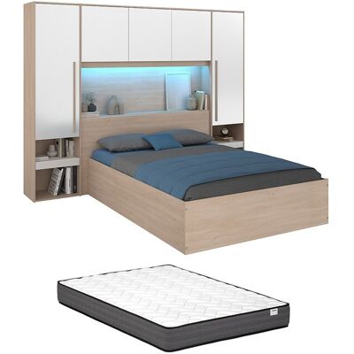 Vente-unique Lit coffre 140 x 190 cm avec pont de lit - Avec LEDs - Blanc brillant et naturel + Matelas - VELONA Vente-unique Lit coffre 140 x 190 cm avec pont de lit - Avec LEDs - Blanc brillant et naturel + Matelas - VELONA