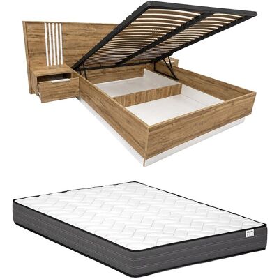 Vente-unique Lit coffre avec chevets 160 x 200 cm – Avec LEDs – Coloris : Naturel et blanc + Matelas - NELTORA Vente-unique Lit coffre avec chevets 160 x 200 cm – Avec LEDs – Coloris : Naturel et blanc + Matelas - NELTORA