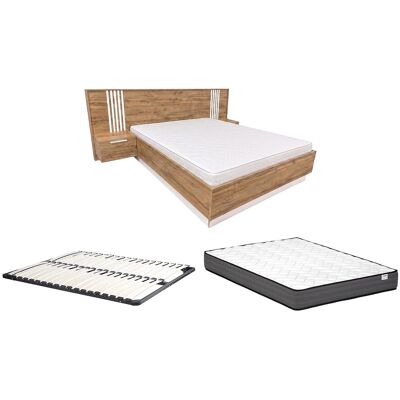 Vente-unique Lit avec chevets 160 x 200 cm – Avec LEDs – Coloris : Naturel et blanc + Sommier + Matelas - NELTORA Vente-unique Lit avec chevets 160 x 200 cm – Avec LEDs – Coloris : Naturel et blanc + Sommier + Matelas - NELTORA