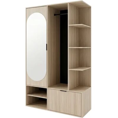Vente-unique Vestiaire avec miroir et rangements - Naturel clair et noir - SAVARIO Vente-unique Vestiaire avec miroir et rangements - Naturel clair et noir - SAVARIO