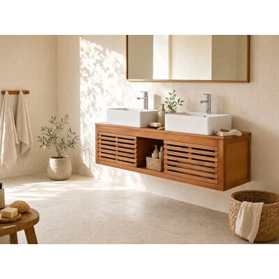 Vente-unique Meuble de salle de bain suspendu en bois d'acacia avec double vasque - 130 cm - PENEBEL Vente-unique Meuble de salle de bain suspendu en bois d'acacia avec double vasque - 130 cm - PENEBEL
