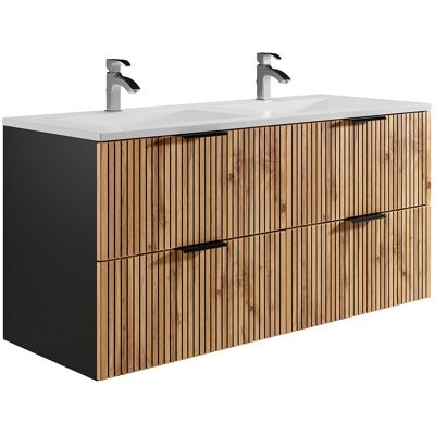 Vente-unique Meuble de salle de bain suspendu strié avec vasque à encastrer - Naturel clair et noir - 120 cm - MADELA Vente-unique Meuble de salle de bain suspendu strié avec vasque à encastrer - Naturel clair et noir - 120 cm - MADELA