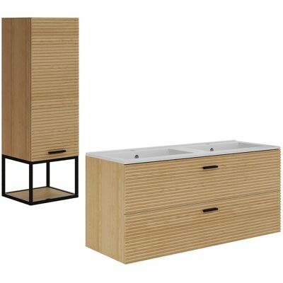 Vente-unique Meuble de salle de bain suspendu strié avec vasque à encastrer et colonne avec niche - 2 tiroirs - Naturel clair - 120 cm - SARONE Vente-unique Meuble de salle de bain suspendu strié avec vasque à encastrer et colonne avec niche - 2 tiroirs - Naturel clair - 120 cm - SARONE