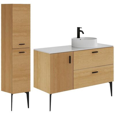 Vente-unique Meuble de salle de bain strié sur pieds avec vasque à poser et colonne - 1 porte et 2 tiroirs - Naturel clair - 120 cm - SARONE Vente-unique Meuble de salle de bain strié sur pieds avec vasque à poser et colonne - 1 porte et 2 tiroirs - Naturel clair - 120 cm - SARONE