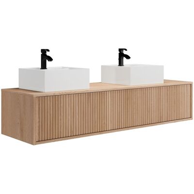 Vente-unique Meuble de salle de bain suspendu strié avec double vasque - Naturel clair - 150 cm - ARNEGA Vente-unique Meuble de salle de bain suspendu strié avec double vasque - Naturel clair - 150 cm - ARNEGA