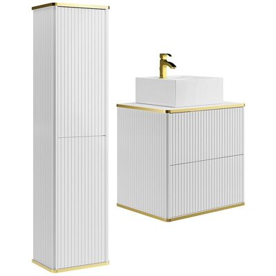 Vente-unique Meuble de salle de bain suspendu strié avec vasque à poser carrée et colonne - Blanc - 60 cm - KELIZA Vente-unique Meuble de salle de bain suspendu strié avec vasque à poser carrée et colonne - Blanc - 60 cm - KELIZA