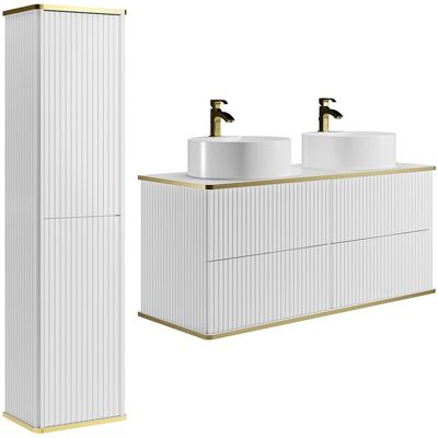 Vente-unique Meuble de salle de bain suspendu strié avec double vasque à poser ronde et colonne - Blanc - 120 cm - KELIZA Vente-unique Meuble de salle de bain suspendu strié avec double vasque à poser ronde et colonne - Blanc - 120 cm - KELIZA
