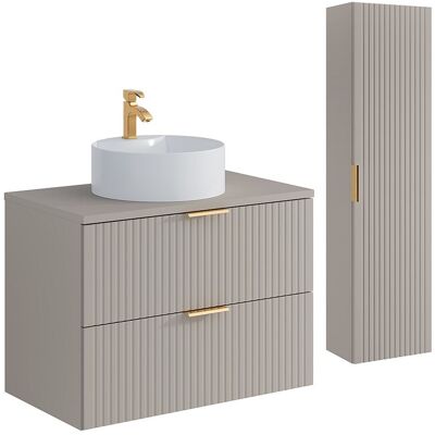 Vente-unique Meuble de salle de bain suspendu strié avec vasque à poser ronde et colonne - Coloris beige - 80 cm - ZEVARA Vente-unique Meuble de salle de bain suspendu strié avec vasque à poser ronde et colonne - Coloris beige - 80 cm - ZEVARA