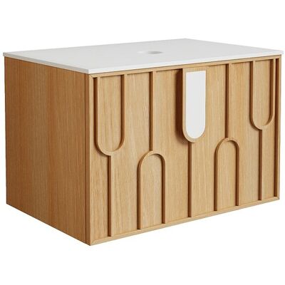 Vente-unique Meuble sous vasque suspendu texturé avec plan en pierre frittée - Naturel clair - L75 cm - MERKAN Vente-unique Meuble sous vasque suspendu texturé avec plan en pierre frittée - Naturel clair - L75 cm - MERKAN