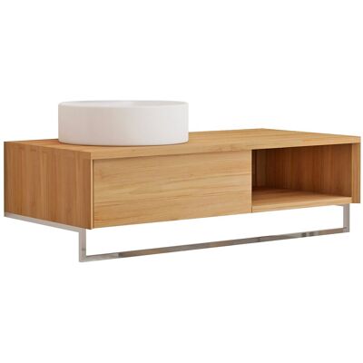 Vente-unique Meuble de salle de bain suspendu en teck avec porte serviette et vasque à poser ronde en céramique - 105 cm - KUPANG Vente-unique Meuble de salle de bain suspendu en teck avec porte serviette et vasque à poser ronde en céramique - 105 cm - KUPANG