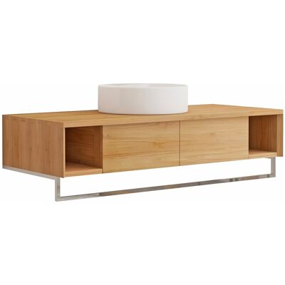 Vente-unique Meuble de salle de bain suspendu en teck avec porte serviette et vasque à poser ronde en céramique - 120 cm - KUPANG Vente-unique Meuble de salle de bain suspendu en teck avec porte serviette et vasque à poser ronde en céramique - 120 cm - KUPANG