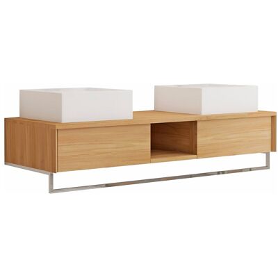 Vente-unique Meuble de salle de bain suspendu en teck avec porte serviette et double vasque à poser carrée en céramique - 140 cm - KUPANG Vente-unique Meuble de salle de bain suspendu en teck avec porte serviette et double vasque à poser carrée en céramique - 140 cm - KUPANG
