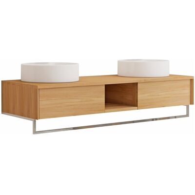 Vente-unique Meuble de salle de bain suspendu en teck avec porte serviette et double vasque à poser ronde en céramique - 140 cm - KUPANG Vente-unique Meuble de salle de bain suspendu en teck avec porte serviette et double vasque à poser ronde en céramique - 140 cm - KUPANG