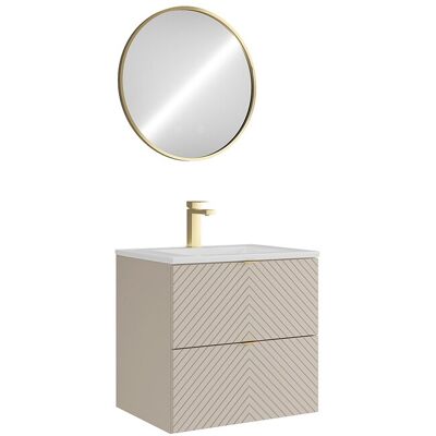 Vente-unique Meuble de salle de bain suspendu en chevrons avec vasque à encastrer, robinet et miroir - Beige - 60 cm - DORIONI Vente-unique Meuble de salle de bain suspendu en chevrons avec vasque à encastrer, robinet et miroir - Beige - 60 cm - DORIONI