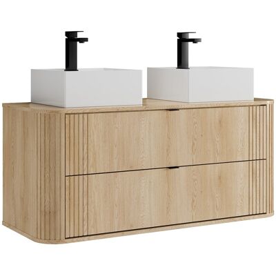 Vente-unique Meuble de salle de bain suspendu avec double vasque à poser carrée et robinet - Naturel clair - L120 cm - FILOR Vente-unique Meuble de salle de bain suspendu avec double vasque à poser carrée et robinet - Naturel clair - L120 cm - FILOR