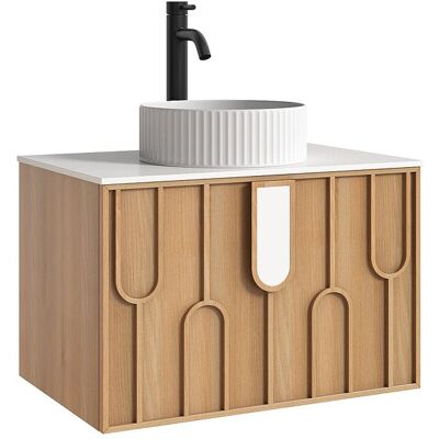 Vente-unique Meuble de salle de bain texturé suspendu avec vasque à poser ronde striée et robinet - Naturel clair - L75 cm - MERKAN Vente-unique Meuble de salle de bain texturé suspendu avec vasque à poser ronde striée et robinet - Naturel clair - L75 cm - MERKAN