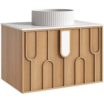 Vente-unique Meuble de salle de bain texturé suspendu avec vasque à poser ronde striée - Naturel clair - L75 cm - MERKAN Vente-unique Meuble de salle de bain texturé suspendu avec vasque à poser ronde striée - Naturel clair - L75 cm - MERKAN