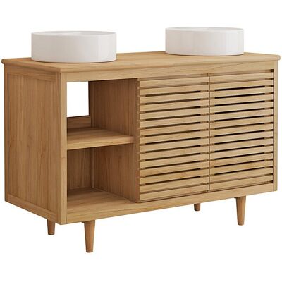 Vente-unique Meuble de salle de bain sur pieds en teck avec double vasque à poser ronde en céramique - L120 cm - TORAJA Vente-unique Meuble de salle de bain sur pieds en teck avec double vasque à poser ronde en céramique - L120 cm - TORAJA