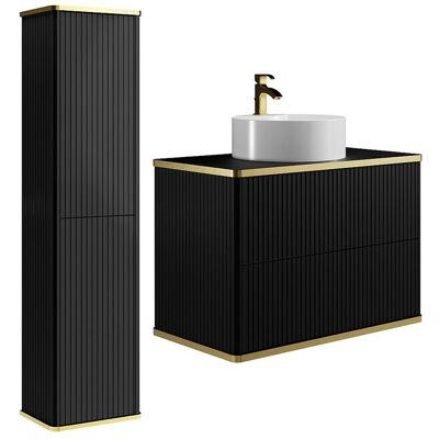 Vente-unique Meuble de salle de bain suspendu strié avec vasque à poser ronde et colonne - Noir - 80 cm - KELIZA Vente-unique Meuble de salle de bain suspendu strié avec vasque à poser ronde et colonne - Noir - 80 cm - KELIZA