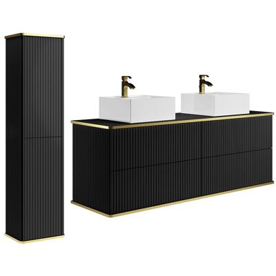 Vente-unique Meuble de salle de bain suspendu strié avec double vasque à poser carrée et colonne - Noir - 120 cm - KELIZA Vente-unique Meuble de salle de bain suspendu strié avec double vasque à poser carrée et colonne - Noir - 120 cm - KELIZA
