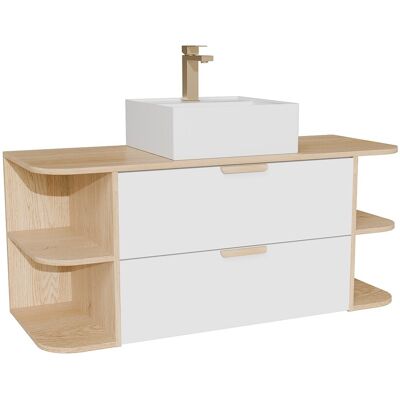 Vente-unique Meuble de salle de bain suspendu avec niches, vasque à poser carrée et robinet – Blanc et naturel clair – L120 cm – AVORELI Vente-unique Meuble de salle de bain suspendu avec niches, vasque à poser carrée et robinet – Blanc et naturel clair – L120 cm – AVORELI