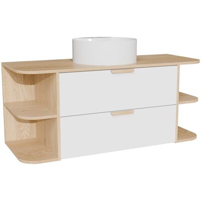 Vente-unique Meuble de salle de bain suspendu avec niches et vasque à poser ronde – Blanc et naturel clair – L120 cm – AVORELI Vente-unique Meuble de salle de bain suspendu avec niches et vasque à poser ronde – Blanc et naturel clair – L120 cm – AVORELI