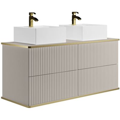 Vente-unique Meuble de salle de bain suspendu strié liseré doré avec double vasque à poser carrée - Beige - 150 cm - KELIZA Vente-unique Meuble de salle de bain suspendu strié liseré doré avec double vasque à poser carrée - Beige - 150 cm - KELIZA