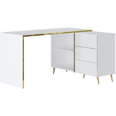 Vente-unique Bureau d'angle avec tiroirs et niches - Blanc brillant et doré - MARZIALO Vente-unique Bureau d'angle avec tiroirs et niches - Blanc brillant et doré - MARZIALO