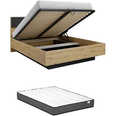 Vente-unique Lit coffre avec chevets 160 x 200 cm - Avec LEDs - Coloris : Naturel et noir + Matelas - ARIADA Vente-unique Lit coffre avec chevets 160 x 200 cm - Avec LEDs - Coloris : Naturel et noir + Matelas - ARIADA