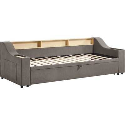 Vente-unique Lit gigogne 2 x 80 x 200 cm avec rangements et port USB - Tissu - Taupe - ORAVAYA Vente-unique Lit gigogne 2 x 80 x 200 cm avec rangements et port USB - Tissu - Taupe - ORAVAYA