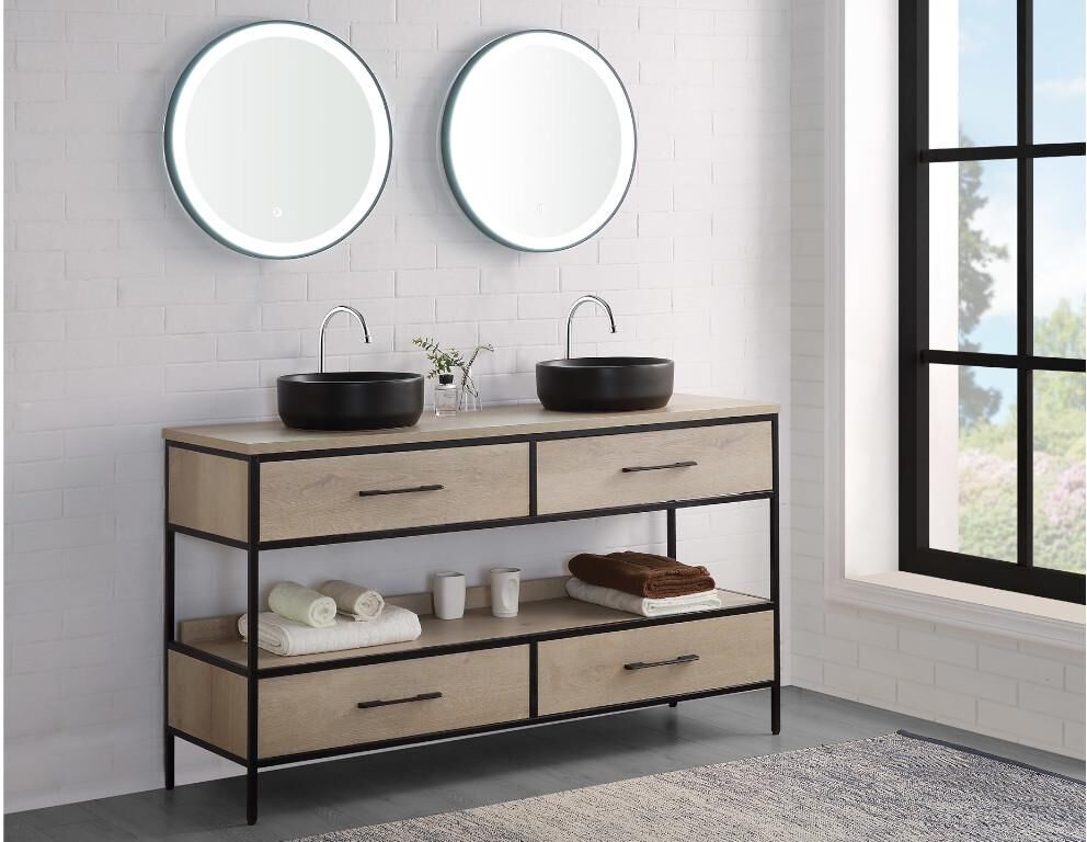 Vente-unique.be Ensemble salle de bain PLUNA - meuble sous vasque + double vasque + miroir - effet bois