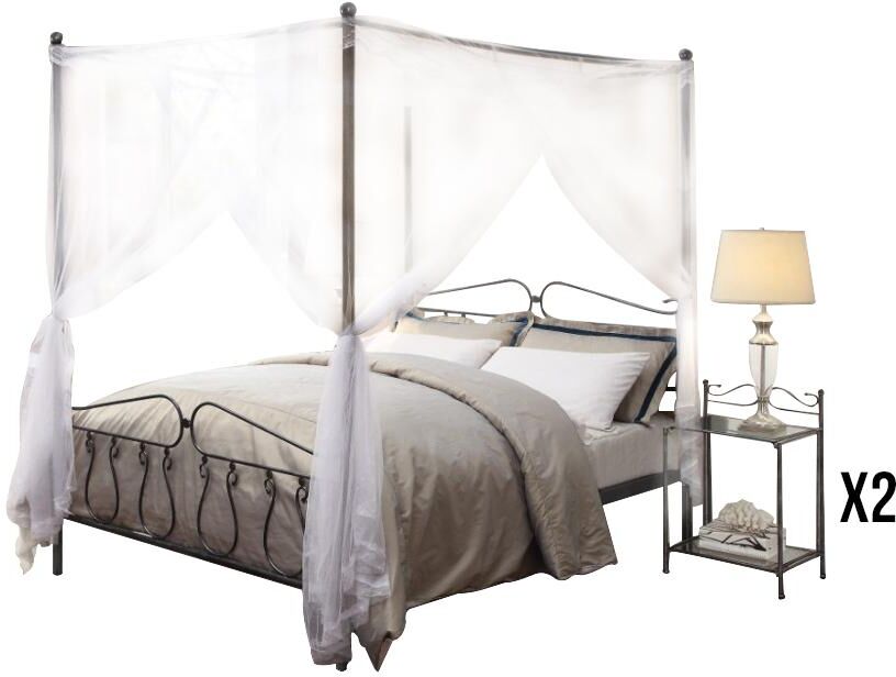 Vente-unique.be Pack CHAMBRE MARQUISE - lit à baldaquin 140 x 190 cm et ses 2 chevets - métal façon fer forgé