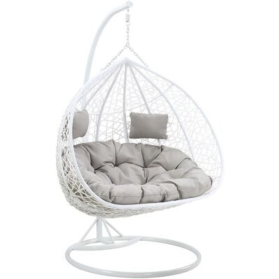 Vente-unique Fauteuil suspendu 2 places en résine tressée - Blanc avec coussins gris - CAYAMBE de MYLIA Vente-unique Fauteuil suspendu 2 places en résine tressée - Blanc avec coussins gris - CAYAMBE de MYLIA