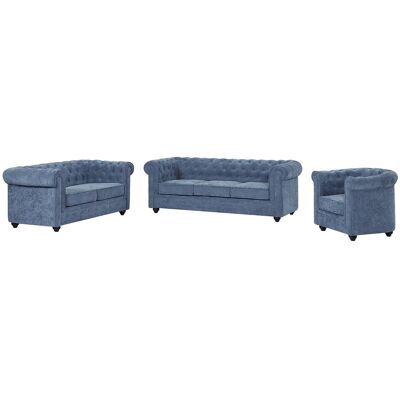 Vente-unique Canapés 3 places 2 places et un fauteuil en tissu bleu CHESTERFIELD Vente-unique Canapés 3 places 2 places et un fauteuil en tissu bleu CHESTERFIELD
